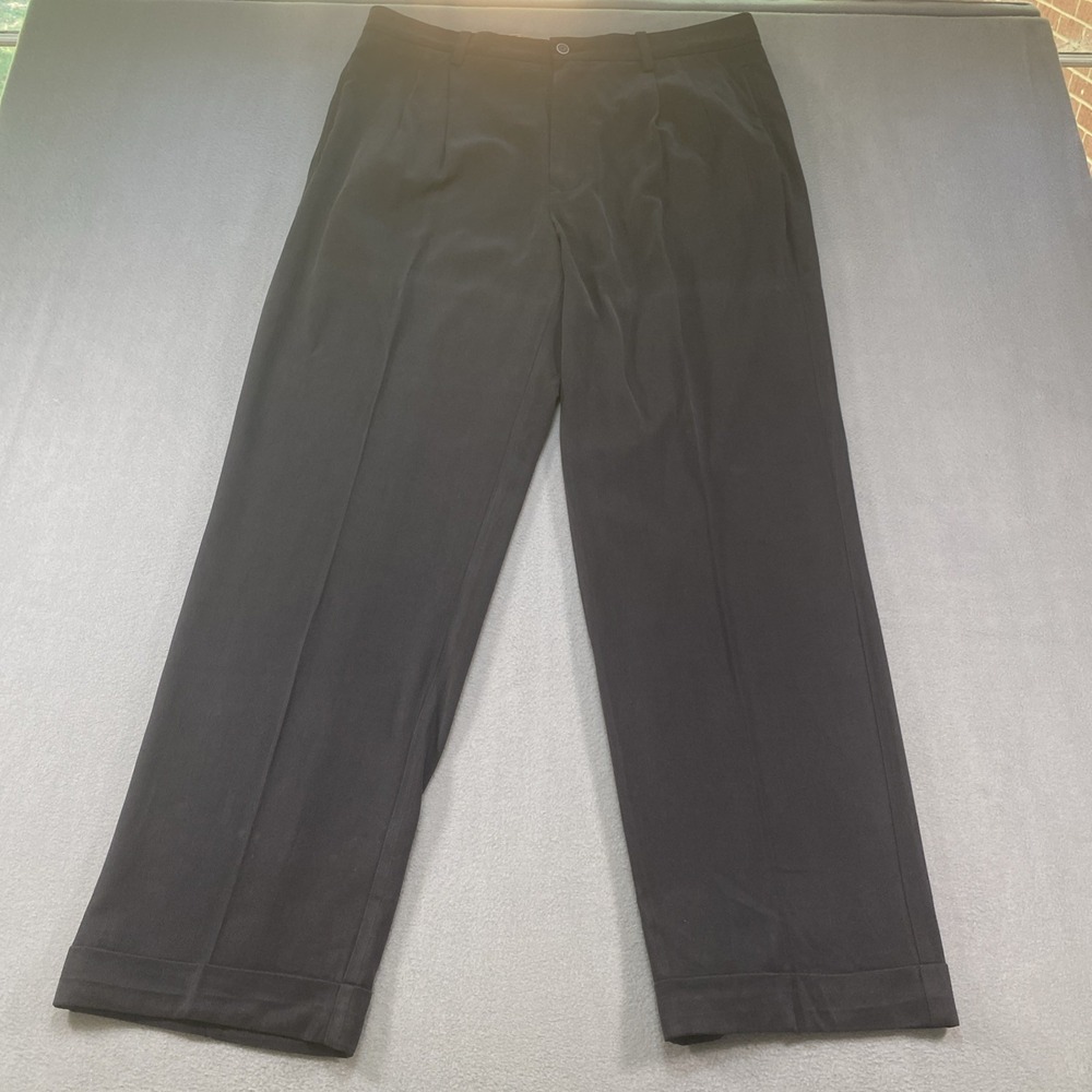 Tommy Bahama Mens Dress Pants Black Silk Blend Cuffed‎ Hem Pleated Front 35x32